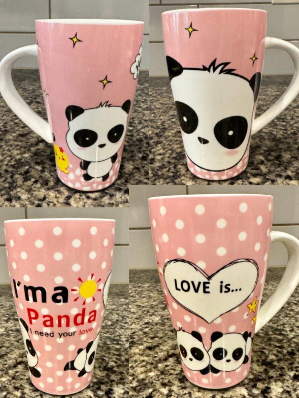 2 Ceramic Tall Drink Mugs Cups w/ Handle “I'm A Panda I Need Your Love” Pink